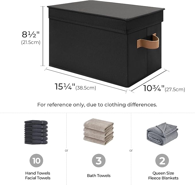 StorageWorks Fabric Storage Bins with Lids, Decorative Storage Bins with PU Handles, Foldable Storage Baskets for Closet, Shelves, Stackable and Sturdy Organization, Black, Large, 3-Pack