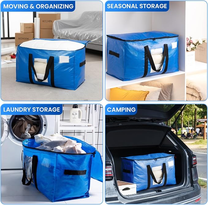 TAILI Extra Large Moving Bags, 4 Pack Blue Heavy Duty Totes For Storage with Visible Window, Wrap Around Handles, Storage Bags for Space Saving, Alternative to Moving Boxes