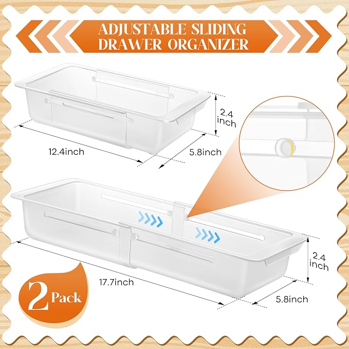 2 Pack Adjustable Deep Drawer Organizer Storage Bin(12.4" to 18”) | Expandable Drawer Storage, Adjustable Size, Kitchen Cabinet Organization