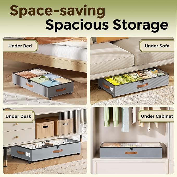 LAMU Under Bed Storage with Wheels, 2 Pack Under Bed Storage Containers with Clear Lids & Label, Rolling Under Bed Drawers for Clothes, Shoes, Blankets, Grey