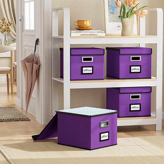 File Organizer Box with Lids, Collapsible File Folder Organizer | File Box with Plastic Slides for Office Document Storage, Filing Bin for Letter Size Hanging File Folders (1 Pack, Purple)