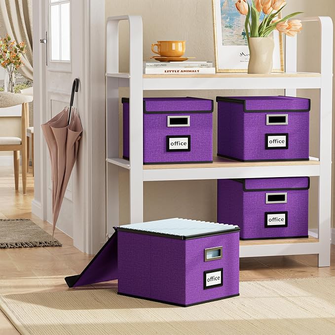 File Organizer Box with Lids, Collapsible File Folder Organizer | File Box with Plastic Slides for Office Document Storage, Filing Bin for Letter Size Hanging File Folders (2 Pack, Purple)