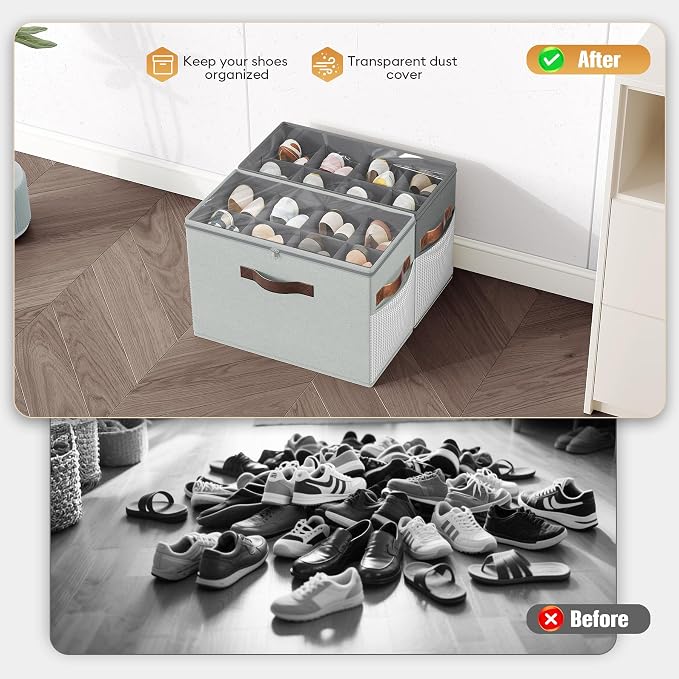 2 Pack Shoe Organizer for Closet, Foldable Shoe Storage with Adjustable | Farbic shoe storage organizer box bin with clear cover, fits up to 16 pairs, shoe storage box for closet, entryway, gray