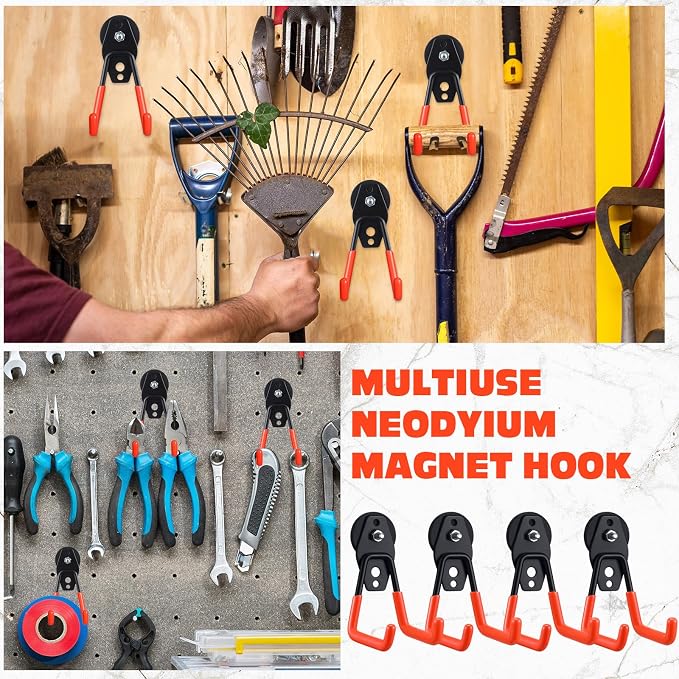 Landhoow 4 Pcs Large Magnetic Hooks Heavy Duty Garage Magnet Hooks Strong Storage Utility Magnetic Hangers with Anti Slip Rubber Coating for Indoor and Outdoor Hanging (Orange)