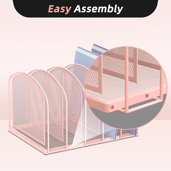 SUPEASY 5-Section File Organizer for Desk, Metal File Folder Holder, Pink | 5 Vertical Compartments with Sturdy Metal Base for Office Documents Books Magazines and Laptop