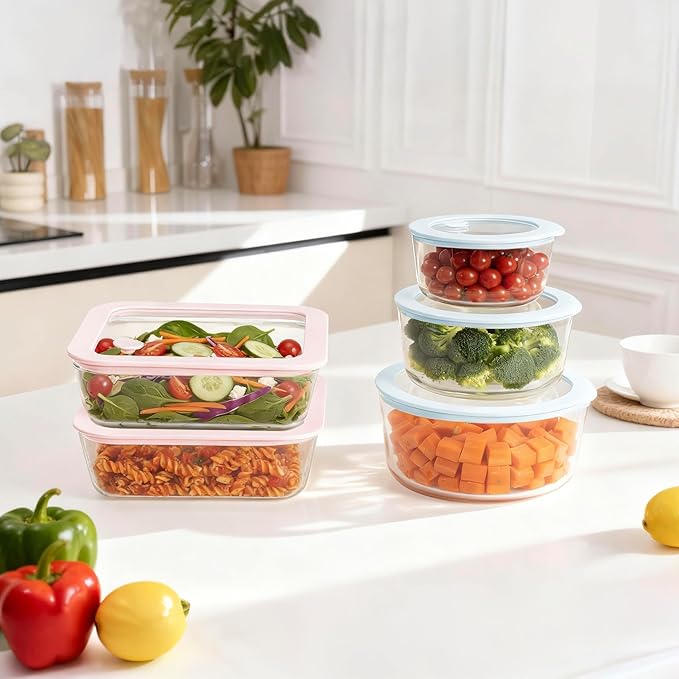 Glass Food Container Set with Glass Lid, 5 Pack, Meal Prep Containers with Silicone Framed Airtight Lid, Leakproof, 100% Plastic Free