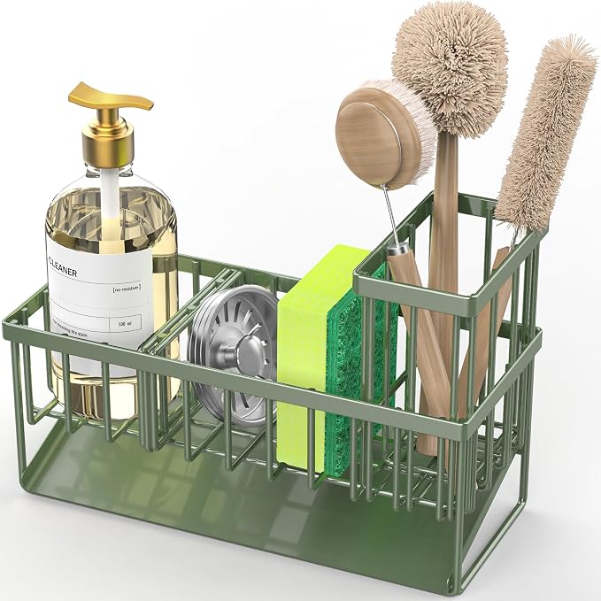 Cisily Kitchen Sink Caddy, Sponge Holder for Kitchen Sink, Kitchen Sink Organzier and Storage with High Brush Holder, 304 Stainless Gadgets Sink Accessories, Organizadores de Cocina Sage Green