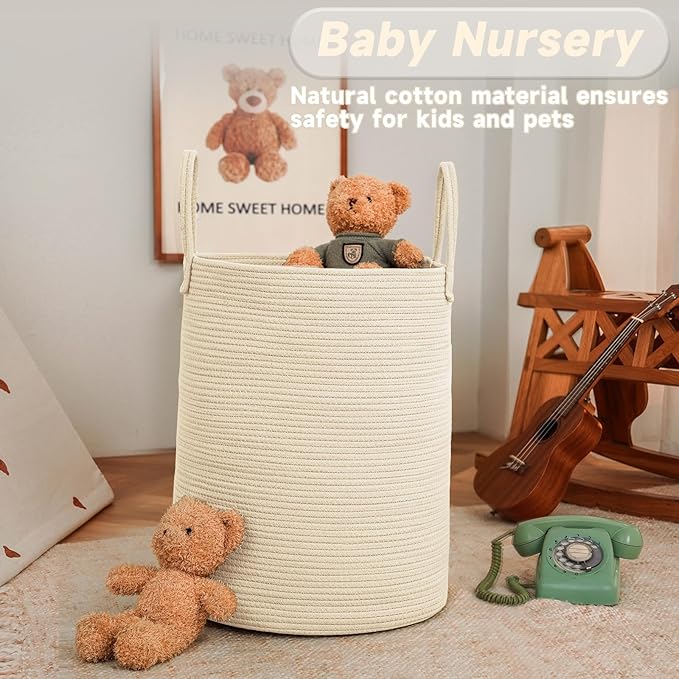 JMvicyroam 60L Cotton Rope Laundry Basket Hamper, Beige | Collapsible laundry basket, reinforced handles, freestanding, machine washable, holds 3-5 thick blankets, clothes or toys
