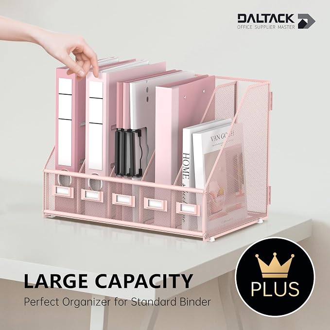 DALTACK 5-Slot Magazine File Holder, Metal Binder Holder, Pink | Iron Mesh Construction, Labeled Sections for Easy Sorting, Anti-Slip Feet, Binder and Folder Storage for Office, Classroom