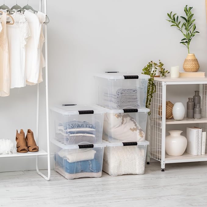 IRIS USA 6-Pack 40 Quart Storage Bins with Lids, Clear | Transparent design makes contents easy to find. Perfect for moving, blankets, clothing, and garage storage. Nestable design