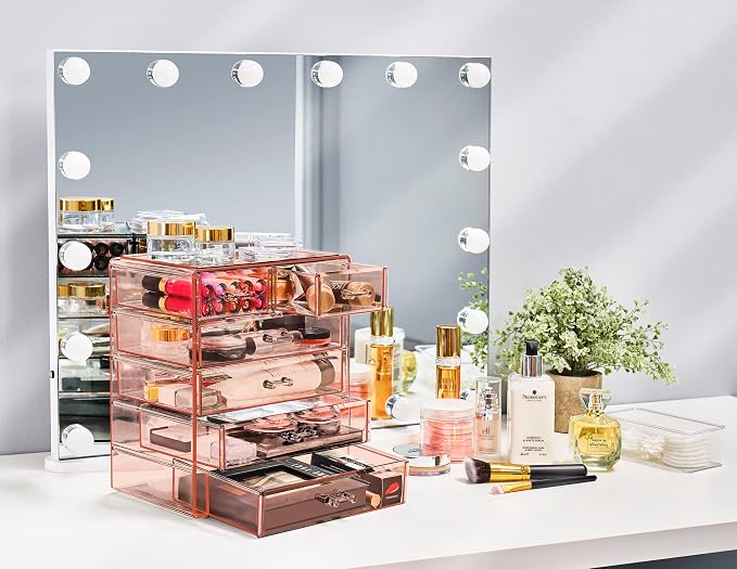 Sorbus Acrylic Makeup Organizer Set, 6-Drawer Vanity & Countertop Cosmetic Storage with Small & Wide Drawers, Pink Makeup Storage for Brushes, Lipsticks, Jewelry – Holiday Gift for Women & Teens