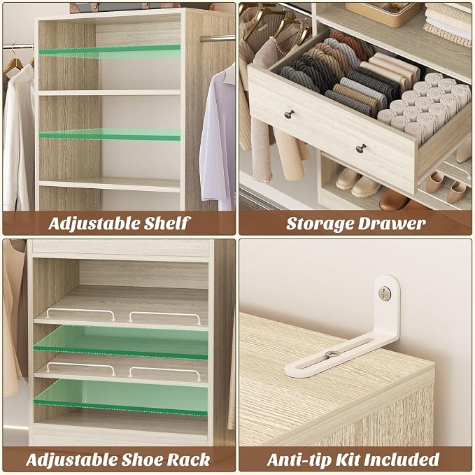 Wood Closet Organizer System - 4FT-9FT Expandable Wardrobe Closet with Drawer & 4 Hanging Rods, Heavy Duty Walk-in Closet 1000Lbs for Bedroom Walk-in Closet, White Oak