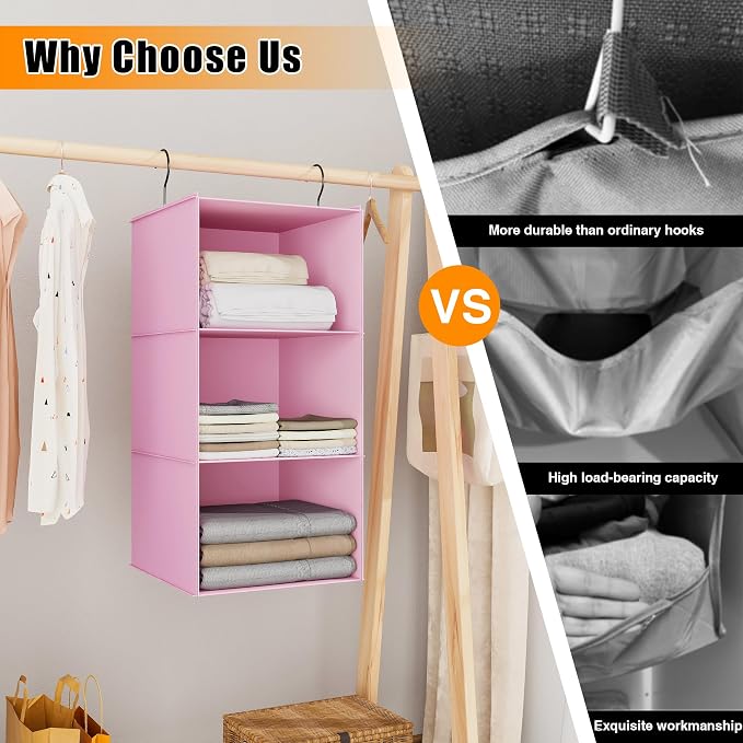 Hanging Closet Organizer 3-Shelf, Oxford Fabric Wardrobe Storage, Pink | Easy-mount foldable design holds clothes, handbags, shoes & accessories; washable Oxford fabric, sturdy and space-saving.