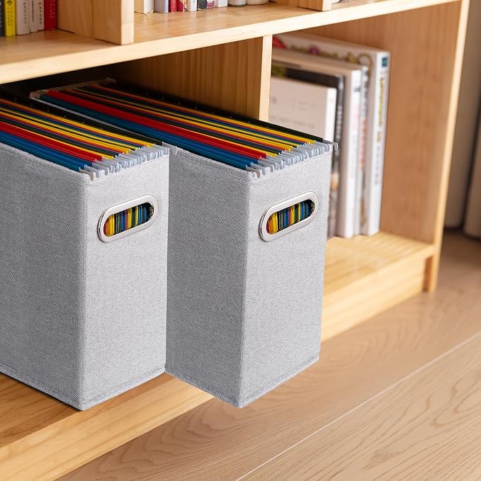4 Pack Letter Size File Storage Box Collapsible, Fabric Hanging File Folders Organizer, Portable Office Document Holder with Metal Handle, Smooth PVC Rails, Light Gray