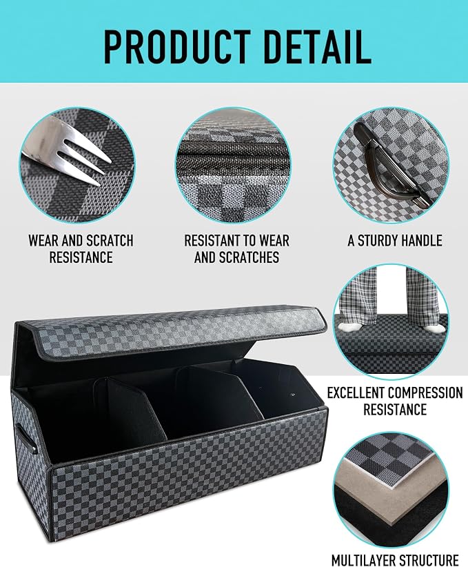 Fyzeoty Car Trunk Organizer for SUV and Sedan, Blue-Gray, 29.5 inches | Unique Blue‑Gray Plaid, Extra Large, Leather Storage Box, Magnetic Lid, Collapsible & Adjustable, Water‑Resist & Dust‑Proof