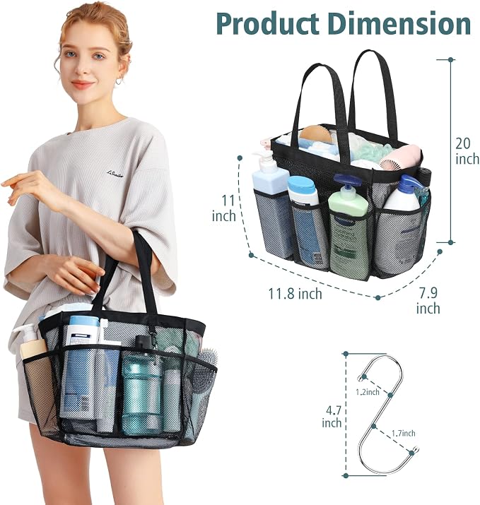 Mesh Shower Caddy Portable - 2 Packs, Extra Large Shower Bag for Dorm | 2 Pack, S-Hook, Quick-Dry, Hanging Toiletry Organizer, College Dorm Room Essentials for Girls, Gym, Travel & Bathroom, Black