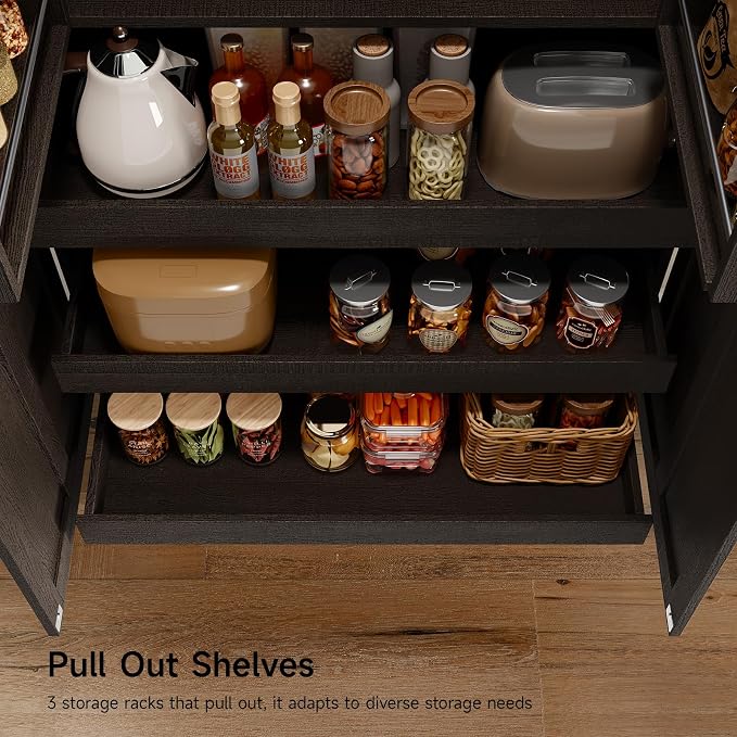 71" Tall Farmhouse Kitchen Pantry Cabinet with 3 Pull Out Shelves & 2 Large Drawers, Pantry Storage Cabinet with 6 Door Shelf & Adjustable Shelf, Freestanding Cupboard for Kitchen, Dining Room