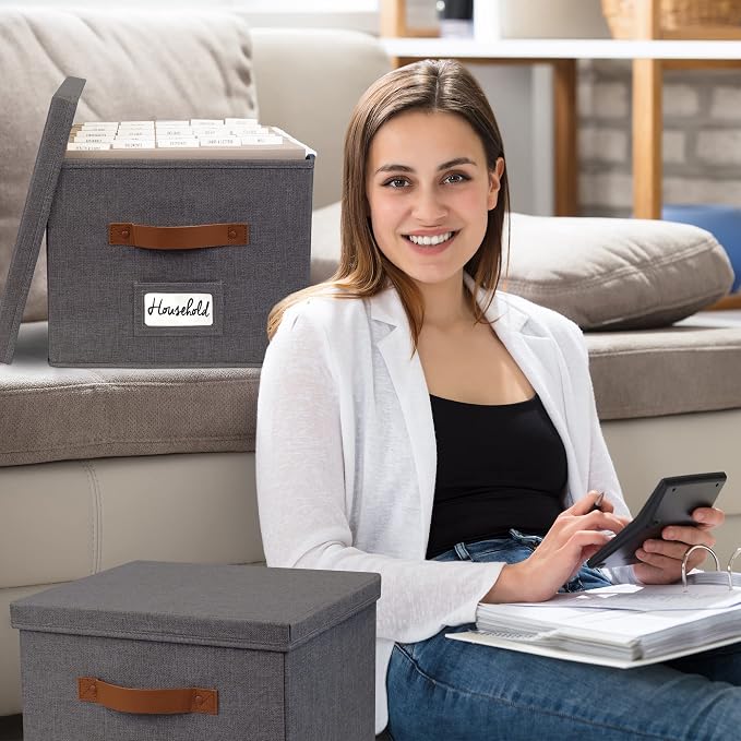 Decorative File Organizer Box Set of 2 - Collapsible Linen Filing Cabinets | Stores Documents and Hanging File Folders - Portable Office Crates with Lid and Handles for Easy Slide Access