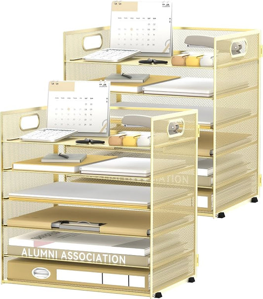 Daltack 6-Tier Paper Organizer for Desk with Handle, Gold, 2 Pack | Sturdy Metal Mesh Organizer with Movable Middle Trays and a Carry Handle for Papers, Folders and Office Supplies