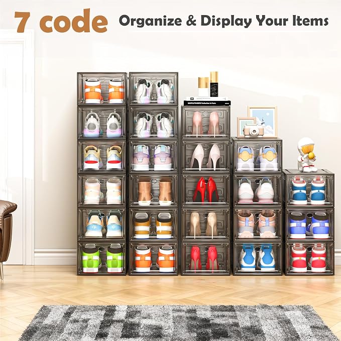 Large Thick Clear Shoe Organizer, Magnetic Door Stackable Shoe Storage Box | Foldable Shoe Storage Boxes for Sneakers & Boots, Space-Saving Closet Shoe Cabinet with Clear Magnetic Door, 9 Pack Black
