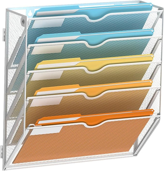 SUPEASY 5 Tier Wall File Organizer, Hanging Wall Mounted Mail Organizer with Label Slots, Metal Mesh File Holder Magazine Rack for Office, Home, School or Classroom, White