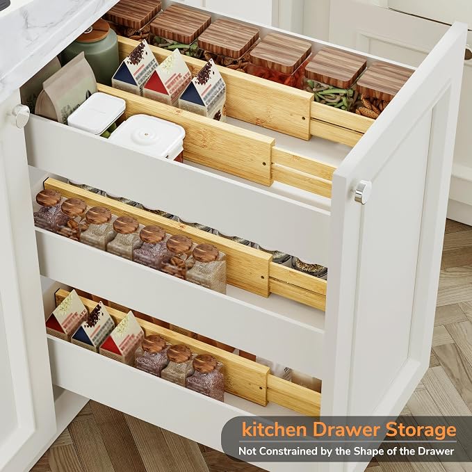 BAMEOS Bamboo Expandable Drawer Dividers – Fits 16.65"–22" Drawers, 3" Deep Walls, Set of 4 | Taller Spring-Loaded Separator Keeps Items Upright in Kitchen & Dresser Drawers