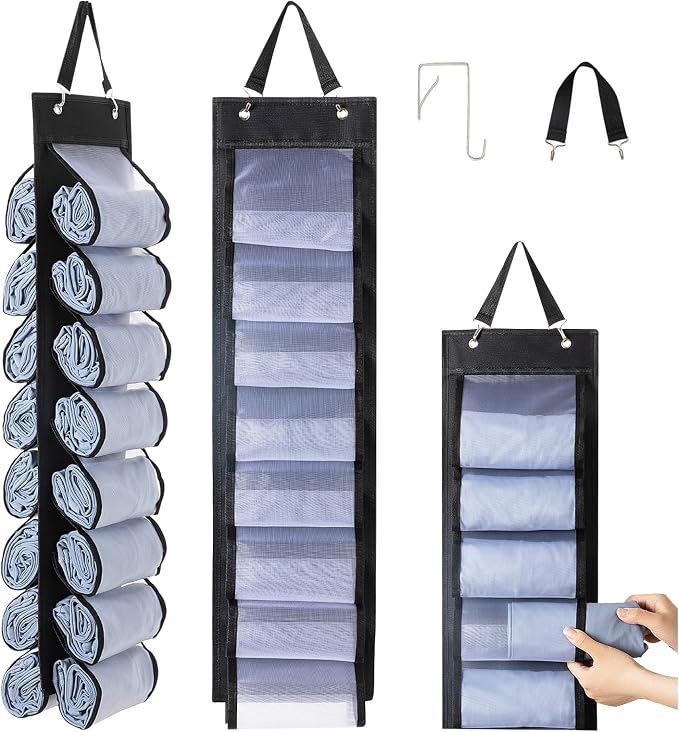 DHSFKBE Legging Organizer Storage, T-Shirt Organizer, Foldable Hanging Closet Organizer, Hanging Clothes Organizer with 16 Roll Compartments for Yoga Clothes, Shirt (Black)