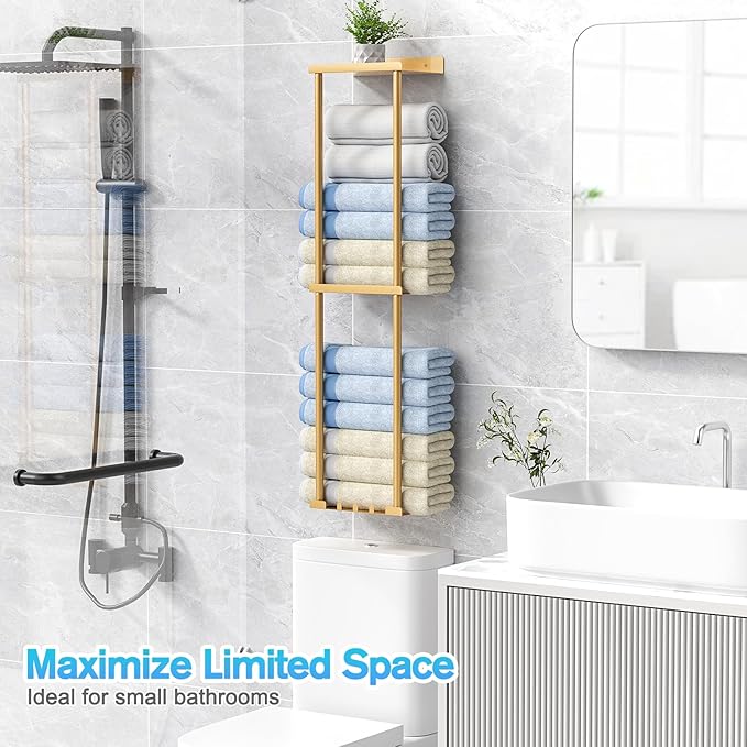 Liuoud Towel Rack for Bathroom, Wall Mounted Vertical Rolled Towel Storage Organizer Holder with Shelf, Holds Up 6 Large Bath Sheets, Gold