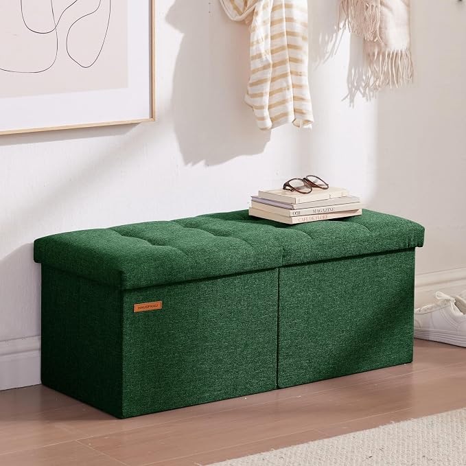 HAUSFRAU Ottoman with Storage Bench Folding Foot Rest Stool Linen Green | 31.5", Flip Lid, Small Upholstered Foldable Footrest Footstool, Bedroom Bench, Living Room Dorm Ottoman, Rectangle