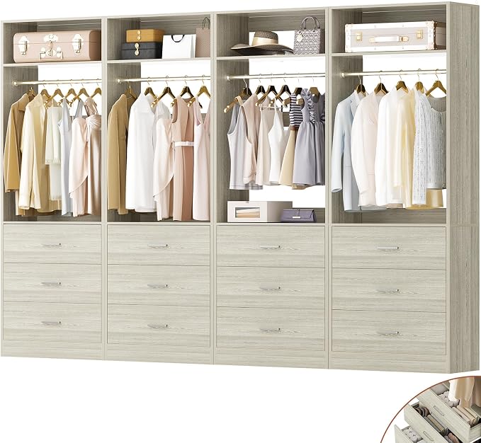 Besiost Closet System Set of 4, 8FT Closet Systems with 12 Wood Drawers, 96" Closet Organizer System with 4 Hanging Rods & 4 Shelves,Heavy Duty 96 Inch Walk-in Closet,White Oak (96"L x 15" W x 80" H)