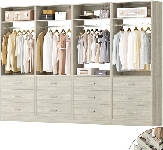 Besiost Closet System Set of 4, 8FT Closet Systems with 12 Wood Drawers, 96" Closet Organizer System with 4 Hanging Rods & 4 Shelves,Heavy Duty 96 Inch Walk-in Closet,White Oak (96"L x 15" W x 80" H)