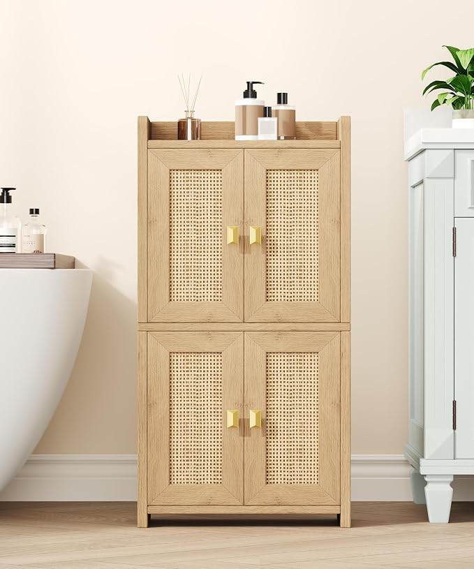 Akxomel 15" Rattan Small Bathroom Cabinet 4 Doors Adjustable Shelf Oak | Bathroom Organizer and Storage, Toilet Paper Floor Cabinet for Small Space