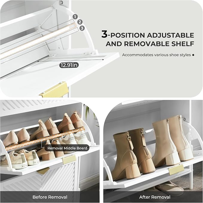 Shoe Cabinet with 2 Flip Drawers, Narrow Entryway Rack, White | Slanted Wood Grain, Freestanding, Adjustable Compartments, Removable Middle Shelf, Metal Handles, for Hallway Foyer Entrance
