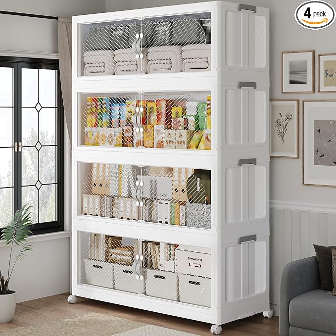 240QT Extra Large Stackable Storage Bins with Lid, 60Gal Plastic Closet Organizers and Storage Drawer, Collapsible Cabinet Box with Wheels Clear Doors for Home Kitchen Office, 4Pack White
