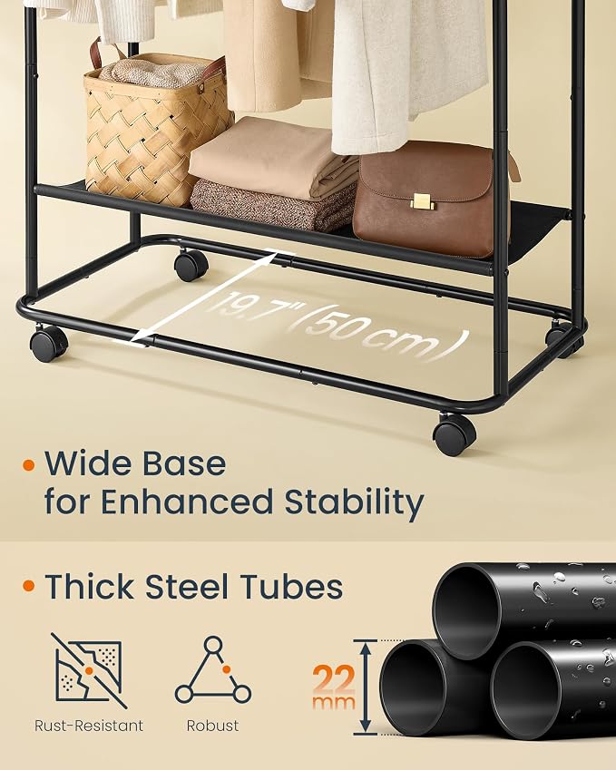 SONGMICS HOME Double-Rod Clothes Rack, Clothing Rack on Wheels, Portable Garment Rack, with 2 Clothes Hanging Rails, Fabric Shelf and Storage Bag, Matchstick-Shaped Hooks, Ink Black UHSR171B01
