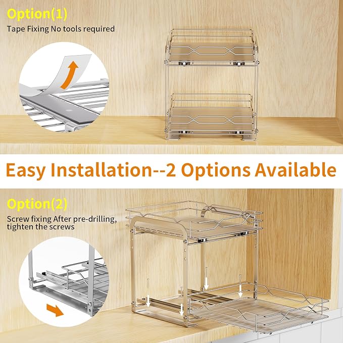 RCHYFEED Pull Out Spice Rack, 2 Tier Height Adjustable Vertical Spice Rack | Chrome,Tape or Screw Mount Available, Heavy Duty Sliding Spice Rack 9.2W x 10.4D x 9.8H, Fits Cabinets with or without Lip