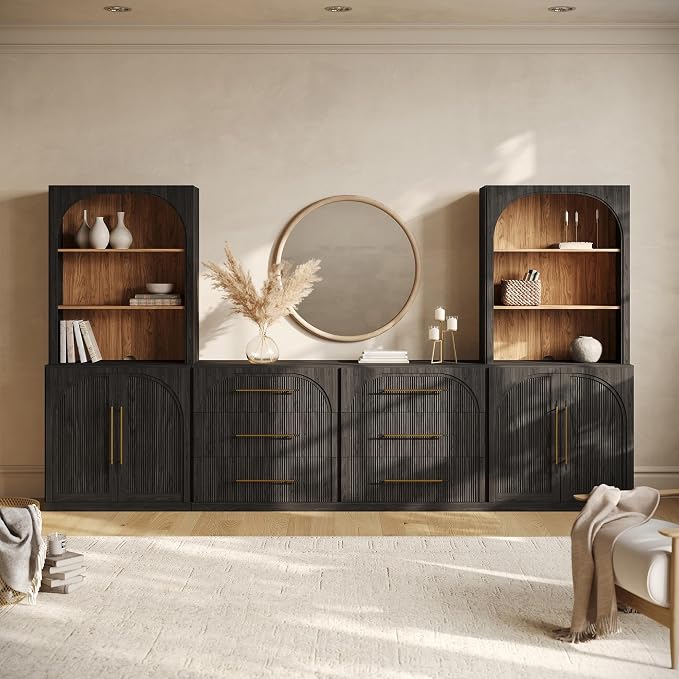 BELLEZE 6-Piece Modular TV Stand Set - 2 Double-Arc Wood Door Sideboards, 2 Sideboards with Drawers, and 2 Hutch Cabinets, Classic Modern Media Console with Adjustable Shelves for Living Room(Ebony)