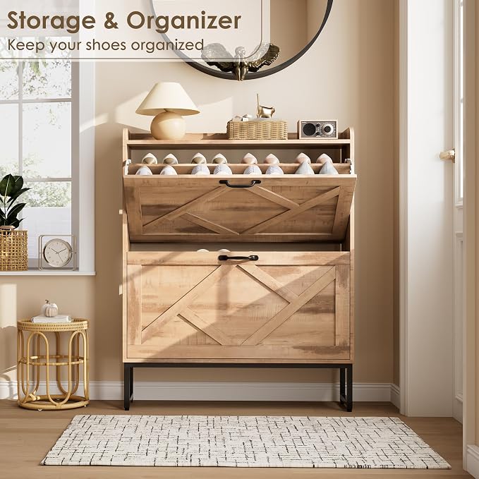 Nicetree Shoe Storage Cabinet with 2 Flip Drawers, Entryway Organizer, Oak | Slim Shoe Cabinet with Metal Legs, Narrow Farmhouse Shoe Organizer for Entryway, Foyer, Hallway, Wood Shoe Rack with Hook