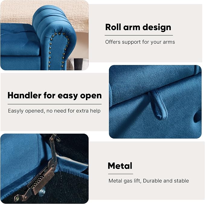 Storage Bench 51" Velvet End of Bed Benches Navy Blue | Queen Size Storage Bench for Bedroom with Rolled Arms Tufted Ottoman Benches Upholstered Bench for Living Room Entryway