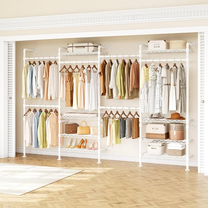 ONBRILL H4 Wall Mounted Closet System, Expandable Industrial Pipe Clothes Rack Clothing Rack for Hanging Clothes, Heavy Duty Closet Organizers and Storage in Wardrobe Closet - White