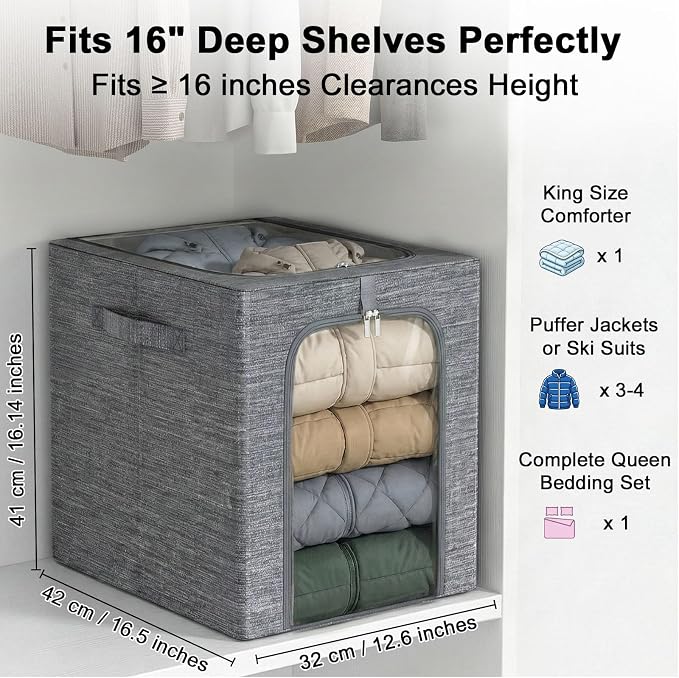 GoMaihe Blanket Storage Bins with Metal Frame for Closet, 55L 4-Pack Grey | Clothing Comforters Bedding Winter Coat, Closet Top Shelf, Collapse-Proof Stackable, Clear Window, Dual Access Space Saving