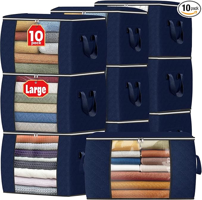 Fab totes 24 Gallons Clothes Storage,Foldable Thick Fabric Blanket Storage Bags, Containers for Organizing Bedroom, Closet, Clothing, Comforter, Organization with Handle (10 Pack,Blue)