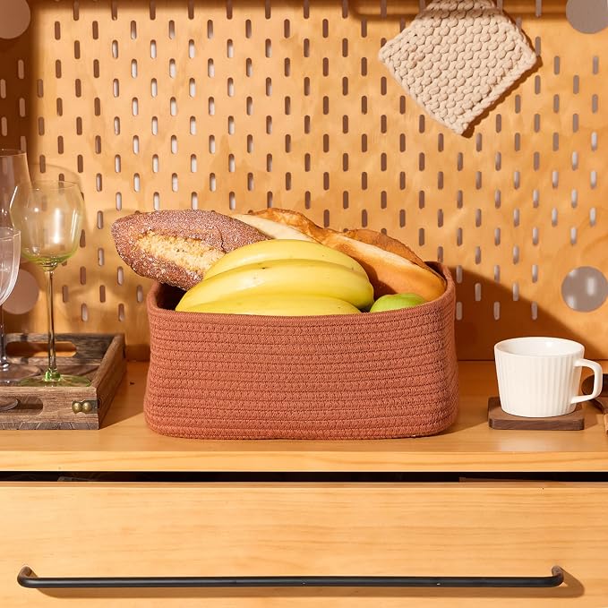 MiniArk Small Storage Baskets for Organizing | Closet Organizer Bins | Shelf Toy Basket | Woven Rope Baskets | Cube Decorative Box | Shallow Basket | 11.5x7.5x4.7” | 4 Packs Oxide Red
