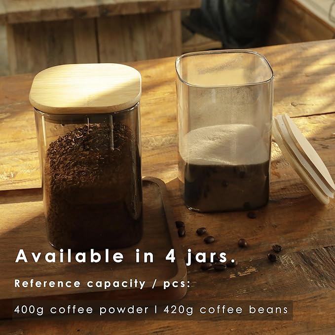 LIBWYS 4-Pack Anti-UV Square Glass Storage Jars with Bamboo Lids (1.22Qt) | Light Resistant Containers (LRC) for Pantry Organization, Coffee Beans, Loose Tea, Sugar, Pet Food | Kitchen Canisters Set