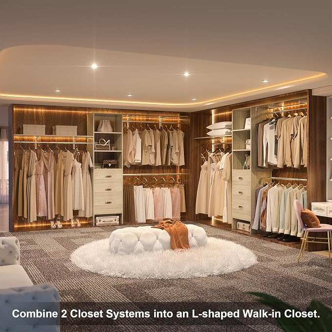 120 Inches Closet System, 10FT Walk In Closet Organizer with 2 Shelving Towers, Heavy Duty Clothes Rack with 3 Drawers, Built-In Garment Rack, 120" L x 16" W x 75" H, Load 1300 LBS, White Oak
