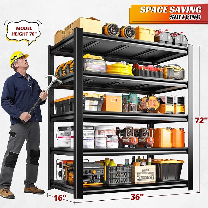 REIBII Garage Shelving 3000 LBS Storage Shelves Adjustable Heavy Duty Shelving Units and Storage Rack for Garage, Basement,2 Pack