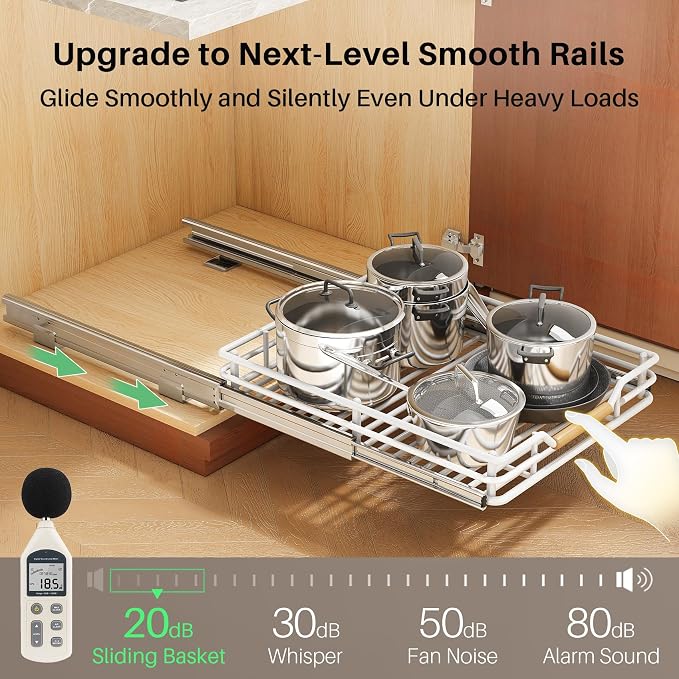 Pull out Cabinet Organizer, 15"W X 21"D, Heavy Duty Smooth Sliding Under Cabinet Shelves for Pots and Pans, Full-Extension Roll out Drawers, Slide out Organization for Home Kitchen Pantry, White