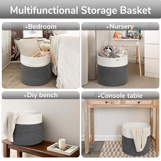 Goodpick Woven Blanket Basket Living Room, Toy Bin for Playroom, 45L | 15.8 x 15.8 x 13.8 In Toy Storage Basket for Nursery, Blanket Basket for Living room, Laundry Basket, Gray