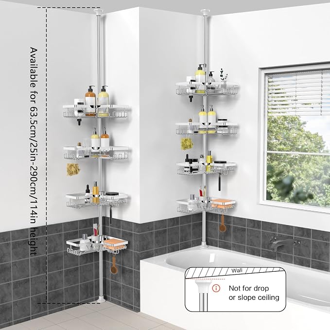KEGII Corner Shower Caddy Tension Pole, Bathroom Storage Shelf, Chrome | Stainless Steel Design with Soap Holders and Hooks, Adjustable Height for Renters, Apartments and Family Bathrooms
