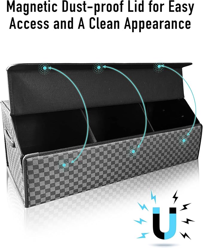 Fyzeoty Car Trunk Organizer for SUV and Sedan, Blue-Gray, 29.5 inches | Unique Blue‑Gray Plaid, Extra Large, Leather Storage Box, Magnetic Lid, Collapsible & Adjustable, Water‑Resist & Dust‑Proof